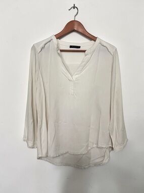 Maven West Cream V Neck Fringe Seam  relaxed fit 3/4 sleeve tencel blouse - S